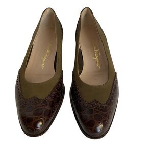 Salvatore Ferragamo Size 7.5 Dark Brown Leather and Olive Green Suede Loafers